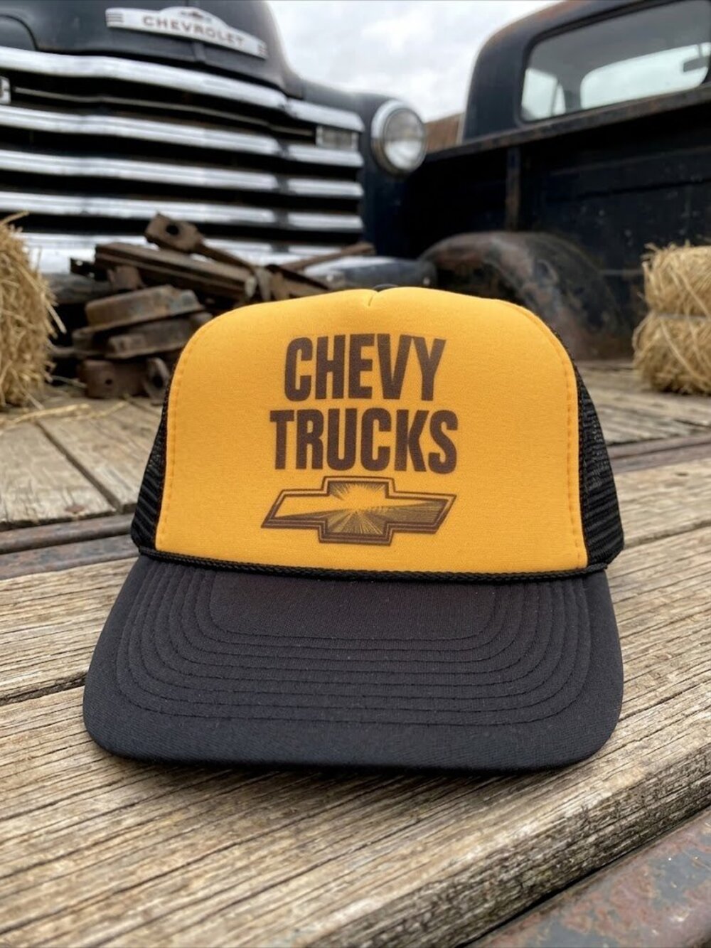 Vintage Chevy Trucks Bowtie Squarebody Gold Black Foam Rope Snapback Hat Retro